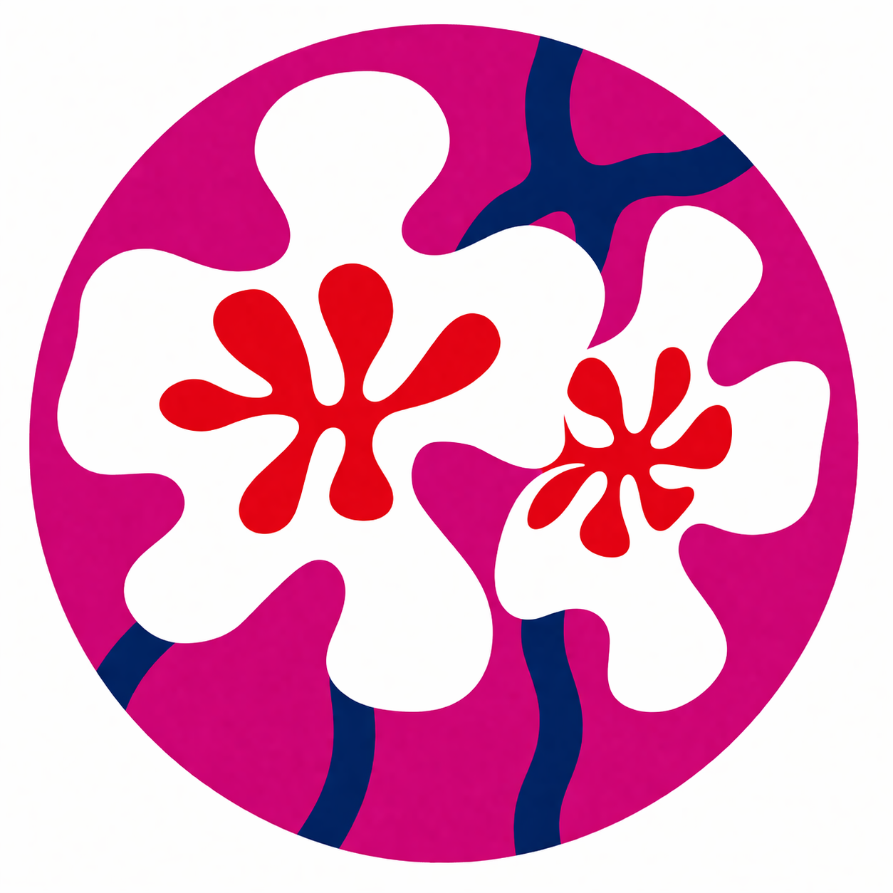 Cerchio rosa con due fiori bianchi stilizzati, centri rossi su sfondo viola fantasia.