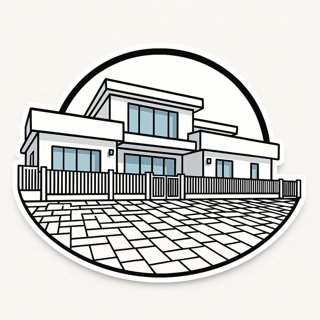 Illustrazione di una moderna casa bianca con contorno nero, recinzione e vialetto piastrellato