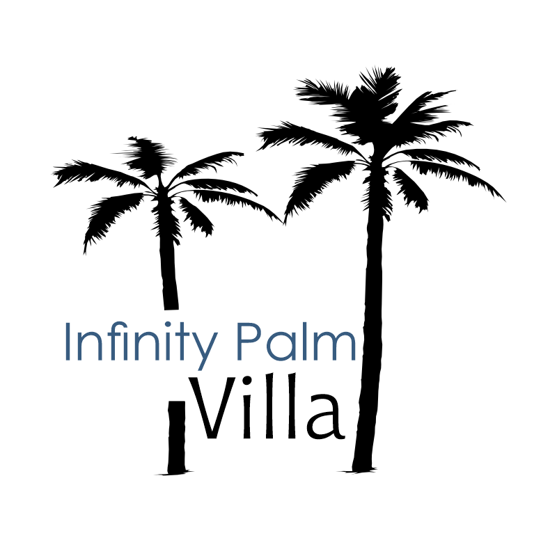 Logo with two black palm trees and text "Infinity Palm Villa".
